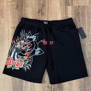 NEW Ed Hardy Black Panther Tattoo Fleece Shorts Y2K Sz L